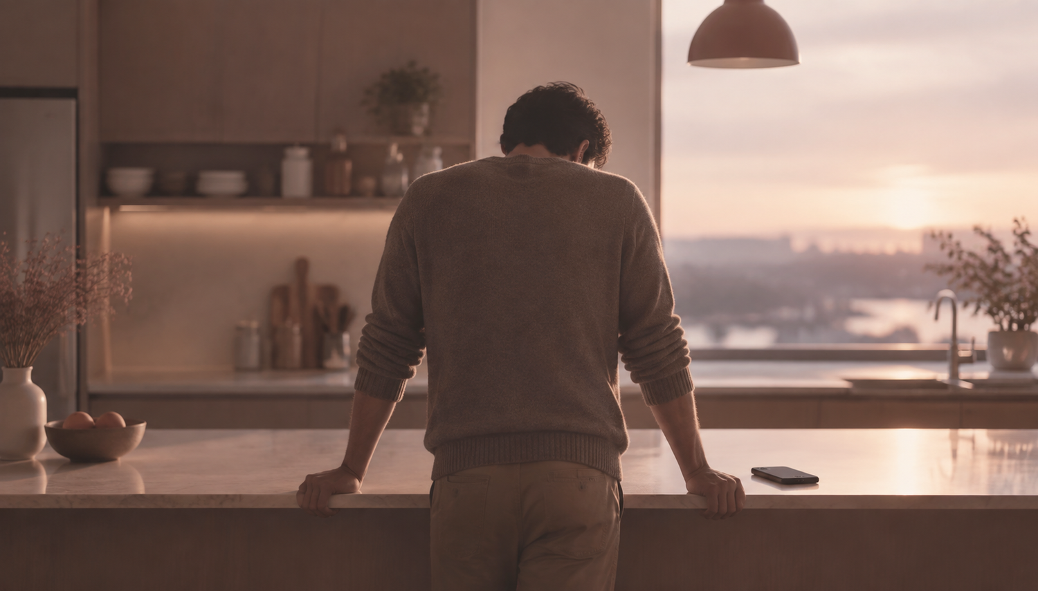 A man standing at his kitchen counter at sunset, hands resting on the edge and head lowered, taking a slow breath