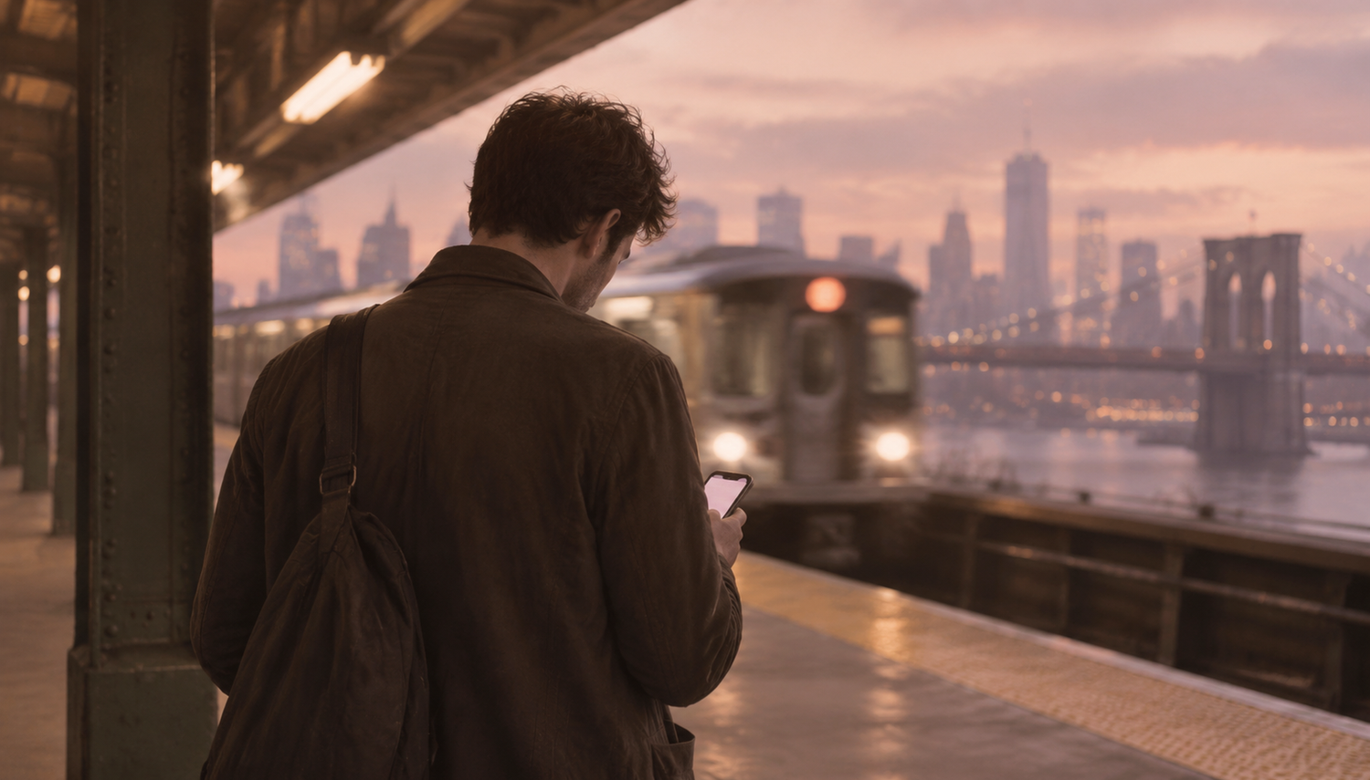 A man seen from behind on an elevated subway platform at dusk, scrolling his phone as a train pulls in, worn out from dating apps