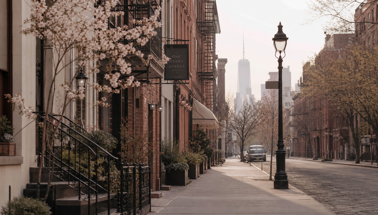 A quiet West Village street in soft morning light, One World Trade in the distance - the city at a gentler pace