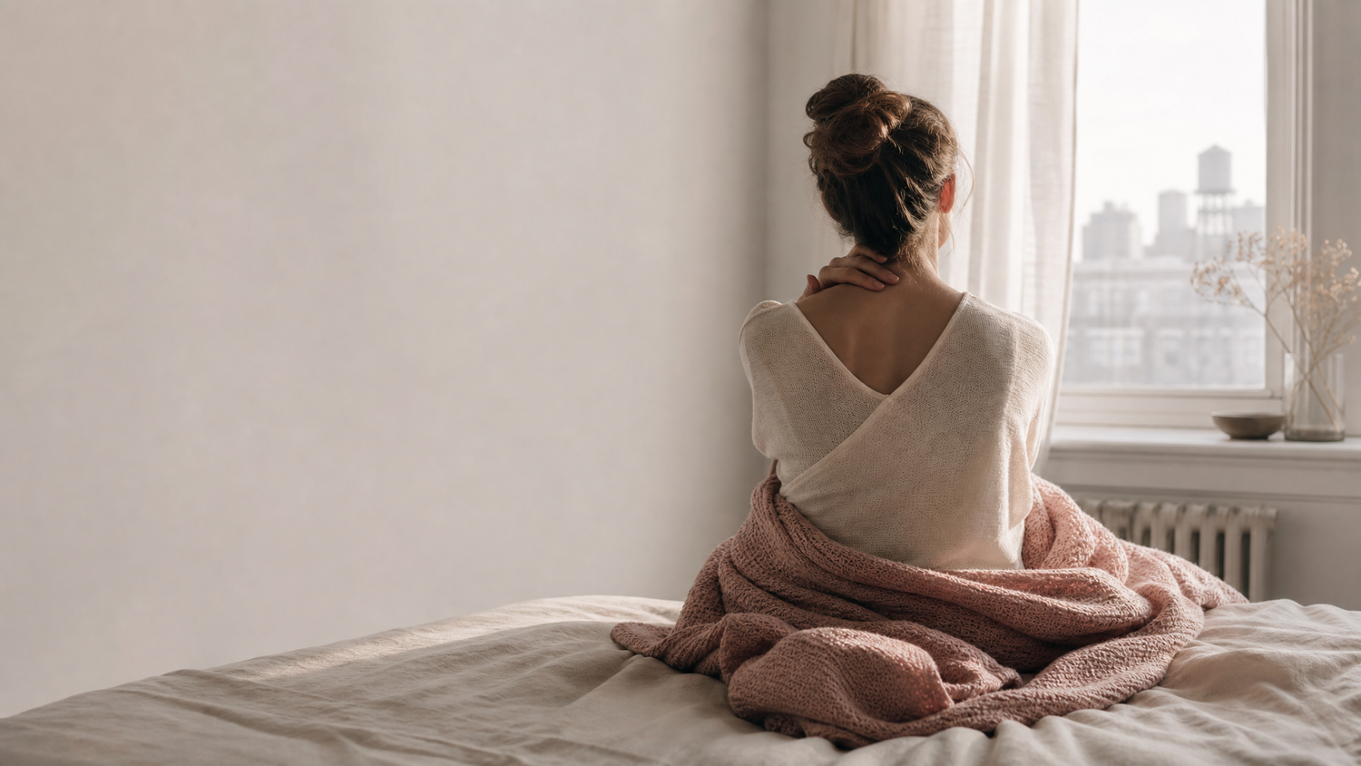 A woman sitting on the edge of a bed in morning light, seen from behind, one hand resting on the back of her neck