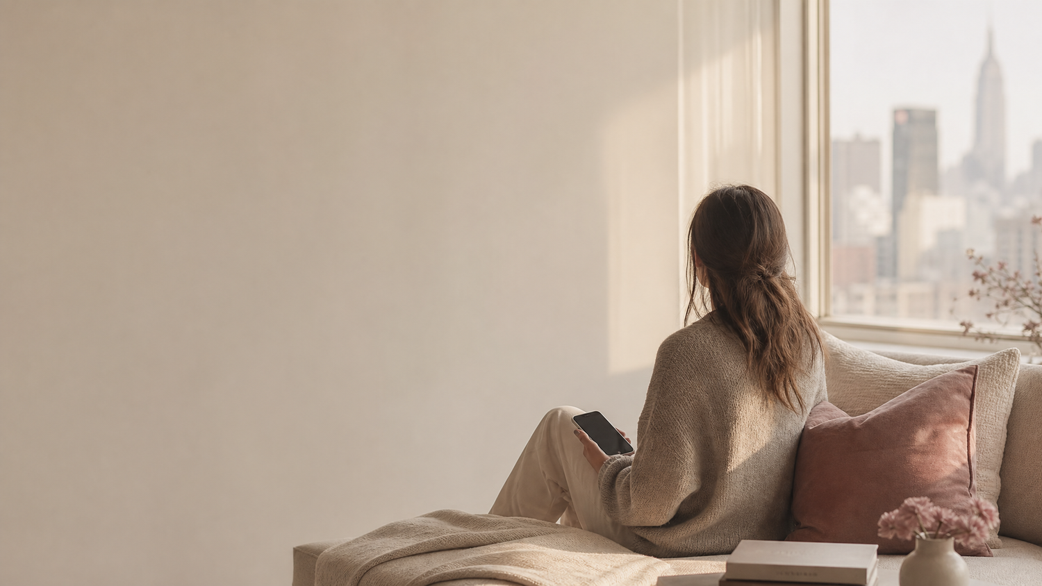 A woman seen from behind on a sofa by a window, holding her phone with the screen dark, the cushion beside her empty