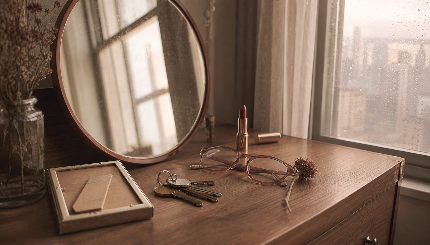 A dressing table in warm evening light - a round mirror, a framed photo laid face down, keys, reading glasses, a lipstick and a dried flower, the city beyond the window