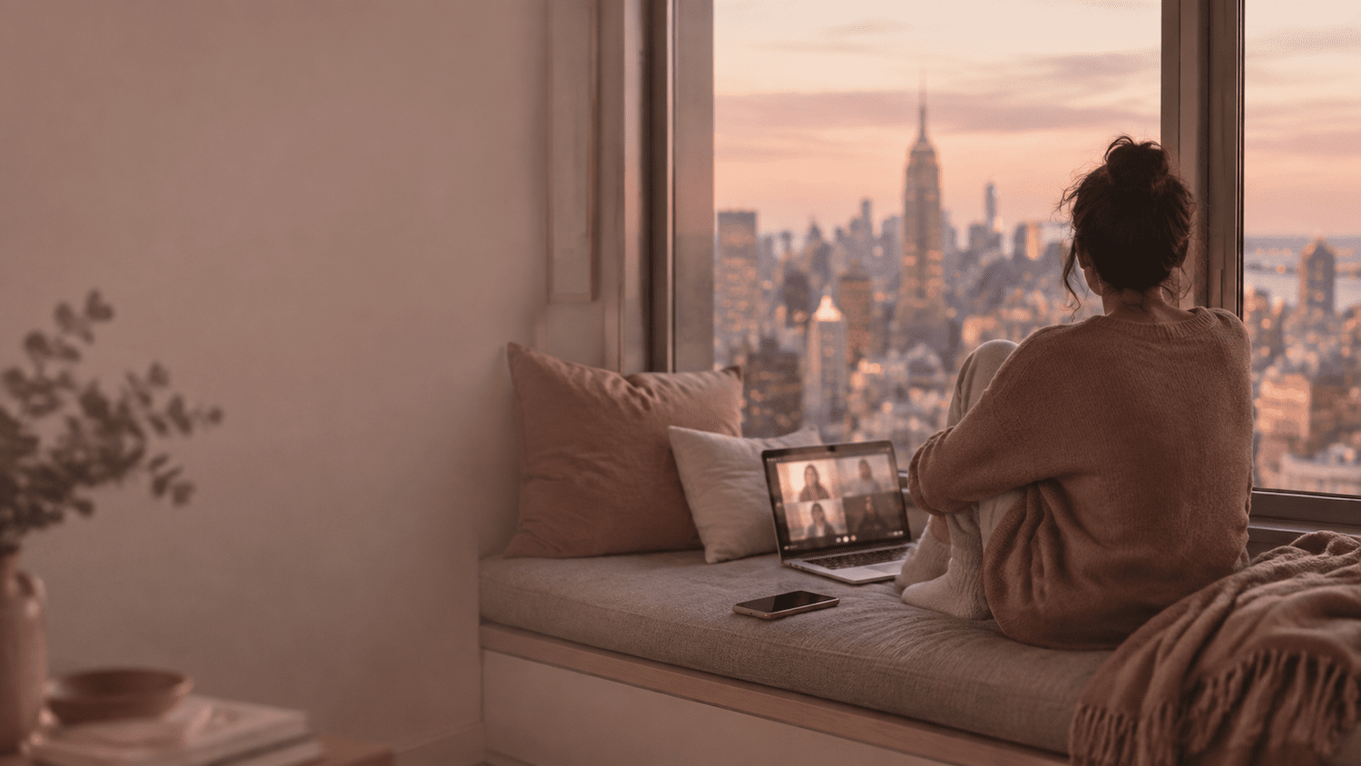 A woman seen from behind on a window seat overlooking Manhattan at dusk, a video therapy session open on her laptop and her phone face-down beside her