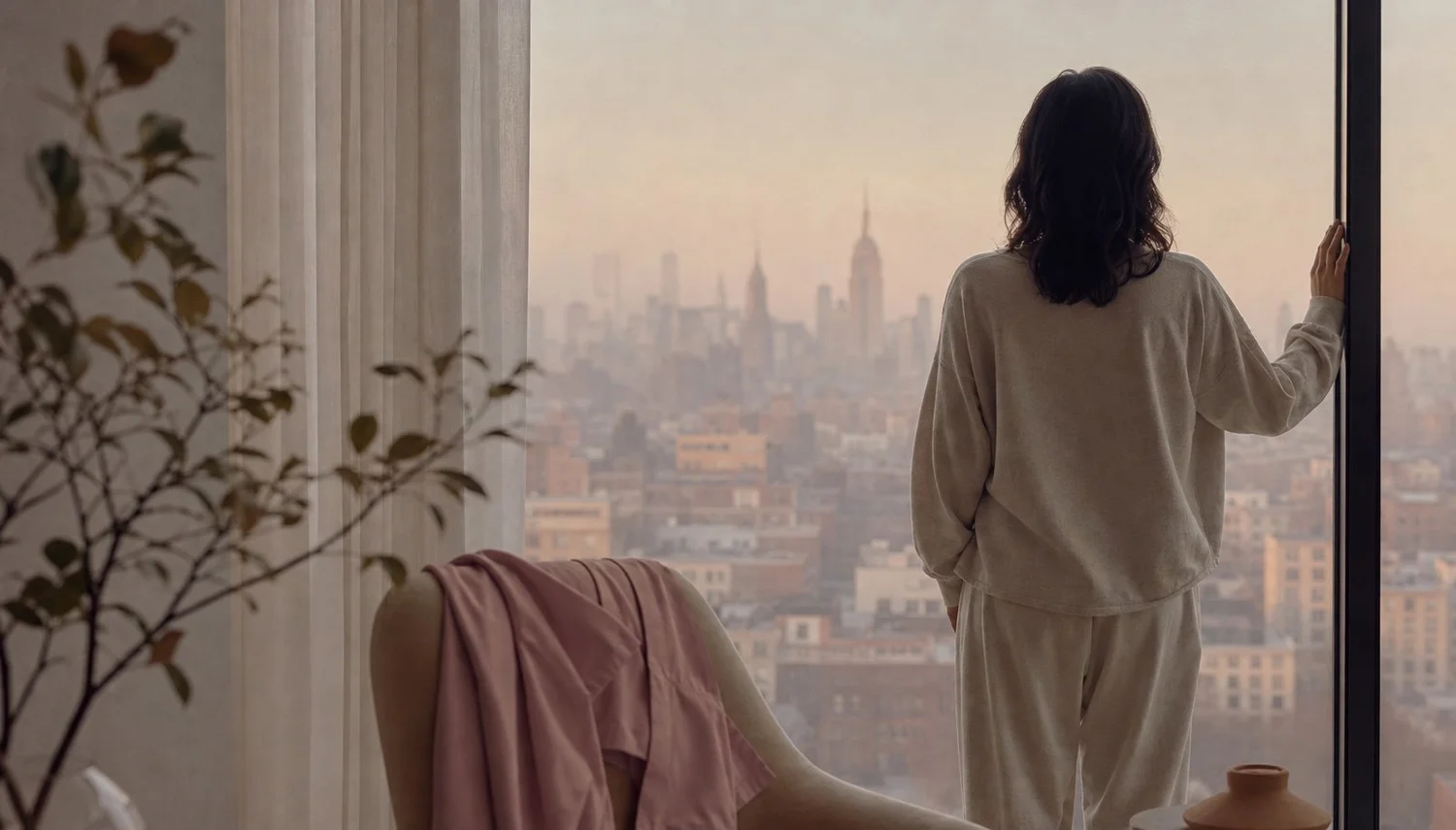 Looking out over the Manhattan skyline at dusk from a calm, warm room - a quiet moment above the city