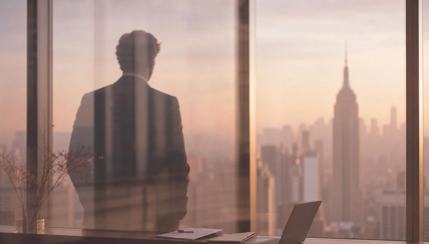 A reflection at golden hour over the New York skyline - outward success, inner life