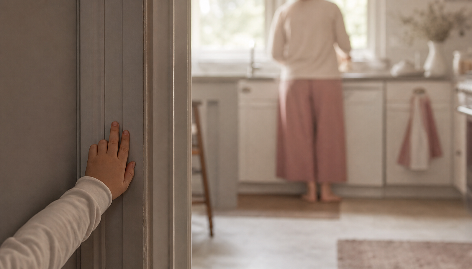 A child's hand resting on a doorframe, looking into a kitchen where an adult stands with their back turned