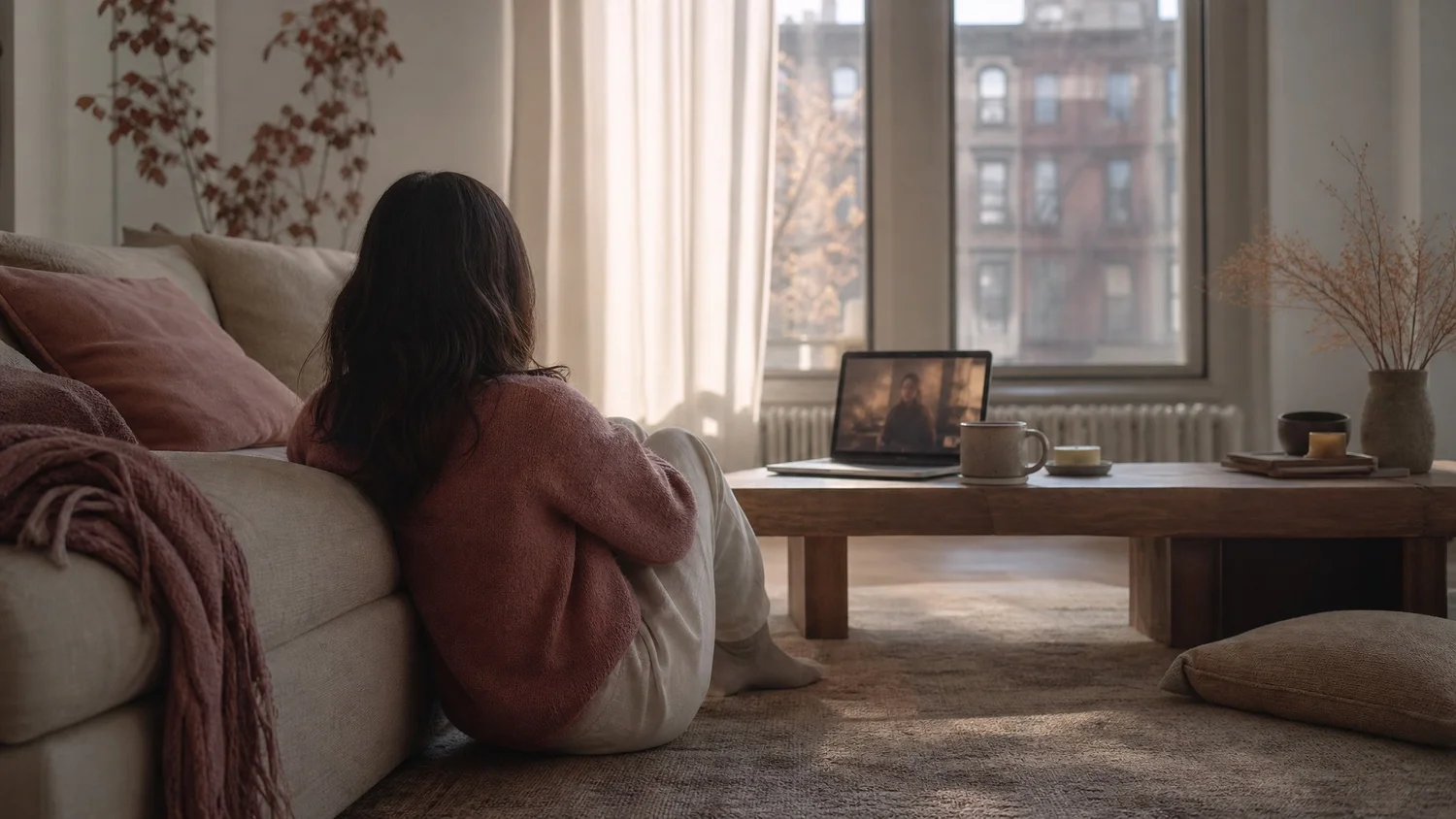 A person seen from behind sitting on the floor against a linen sofa in a softly lit New York apartment, a video therapy session open on the laptop in front of them