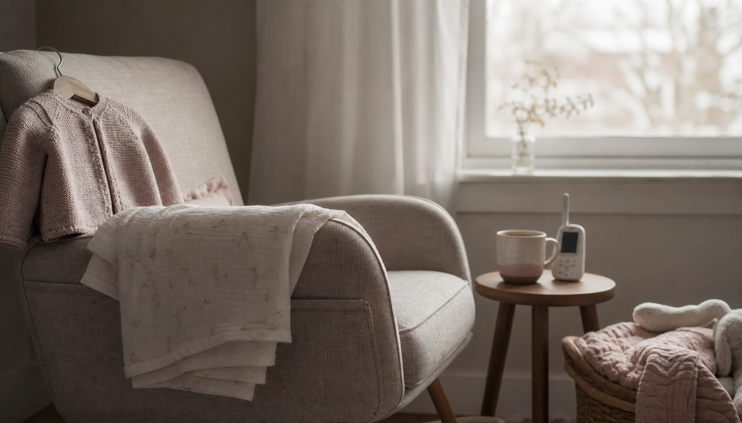 A nursery chair by the window with a muslin blanket and a tiny knitted cardigan, a baby monitor and cup of tea on the side table - the quiet of the postpartum months