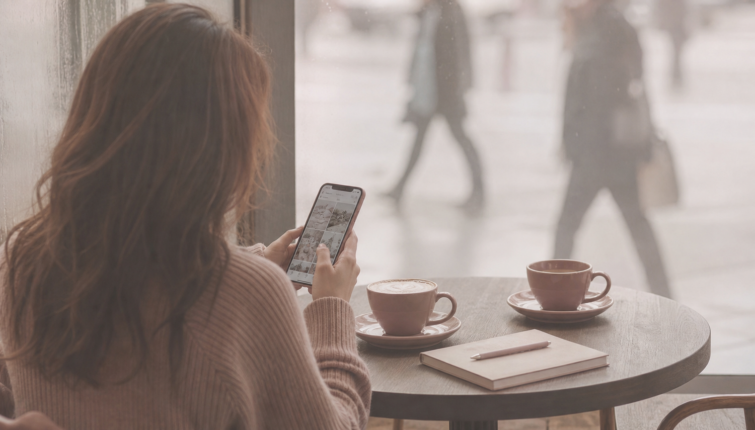 A woman at a cafe window seen from behind, scrolling her phone, two cups of coffee on the table and the street blurred outside