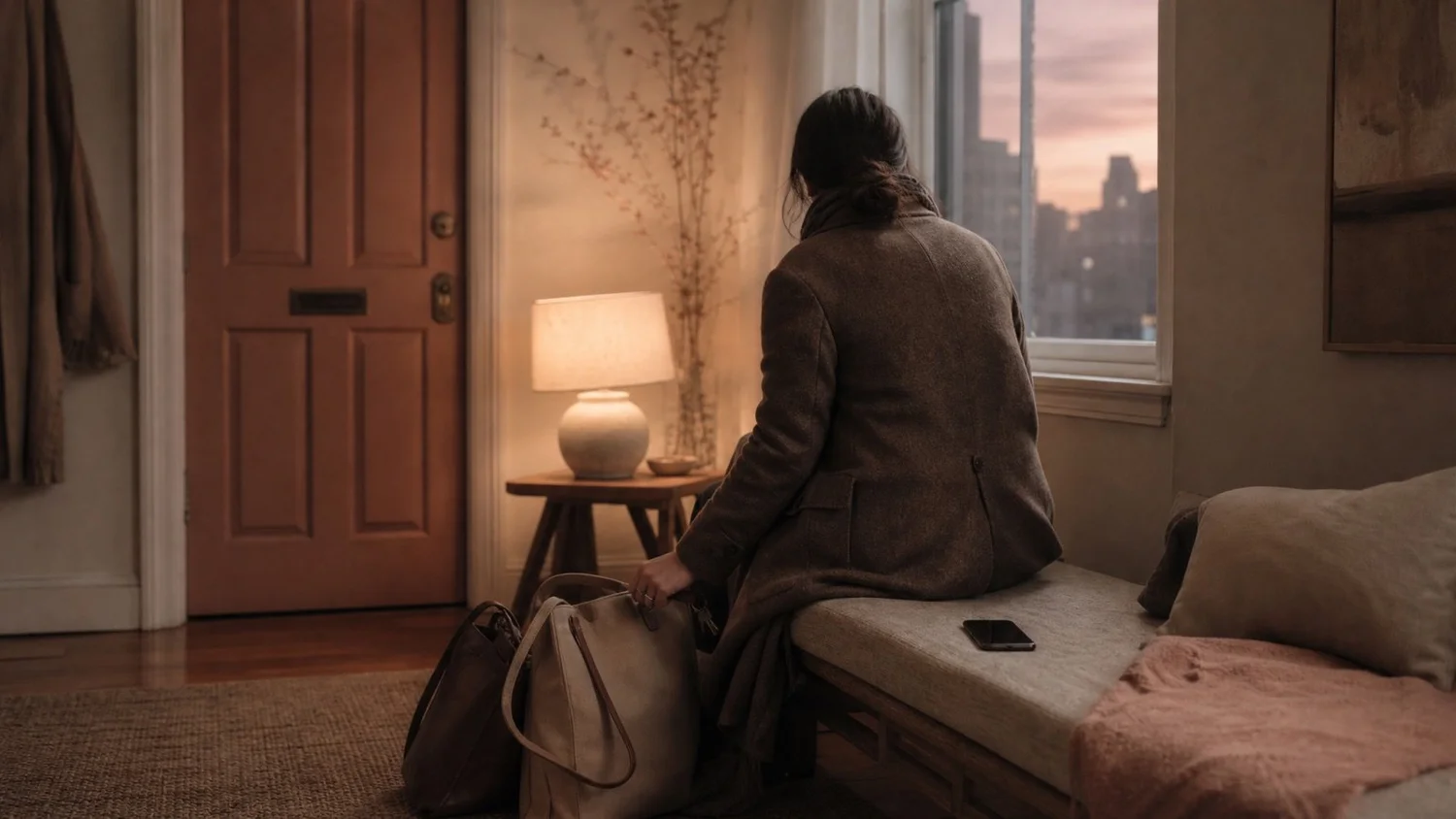 A person seen from behind in a wool coat, sitting on a bench by the front door after work with their bags at their feet, worn out at the end of the day