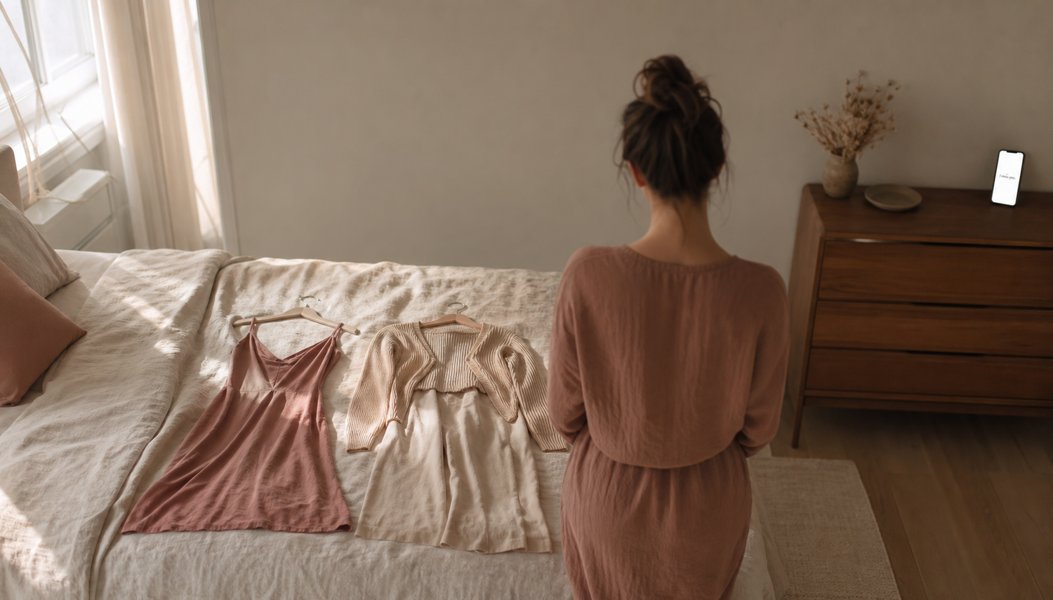 A woman seen from behind at the foot of her bed, looking at two outfits laid out before a date, her phone lit on the dresser