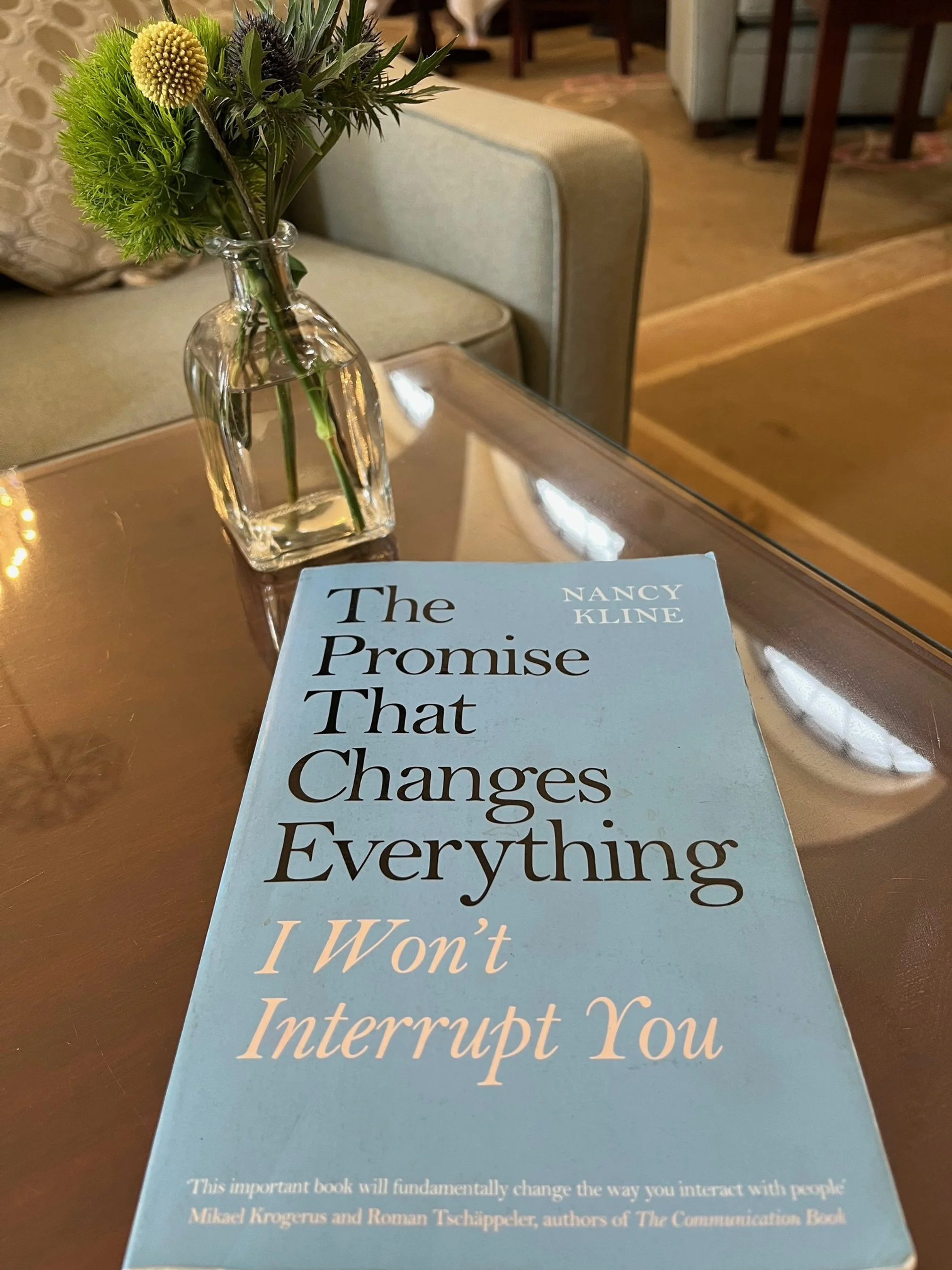 Book titled 'The Promise That Changes Everything I Won't Interrupt You' placed on a reflective surface next to a small glass vase with green flowers, on a table in a cozy room.