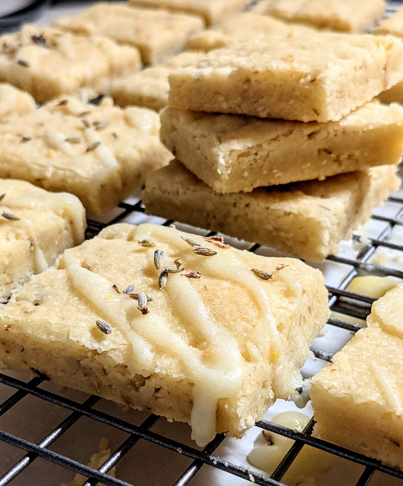 lemon lavender shortbread cookies sitting on wire rack