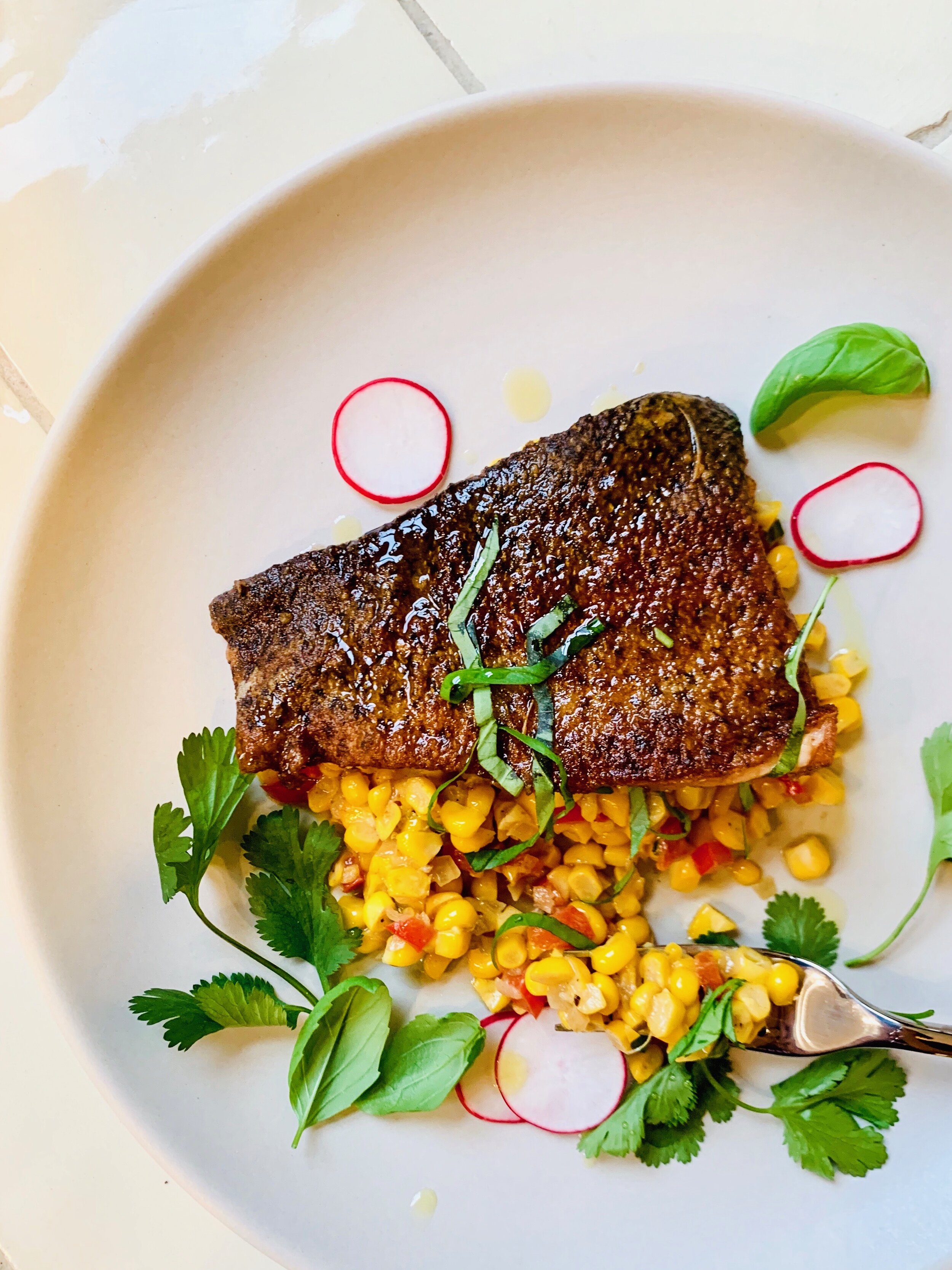 Brown Butter Trout with Creamy Corn Sauté