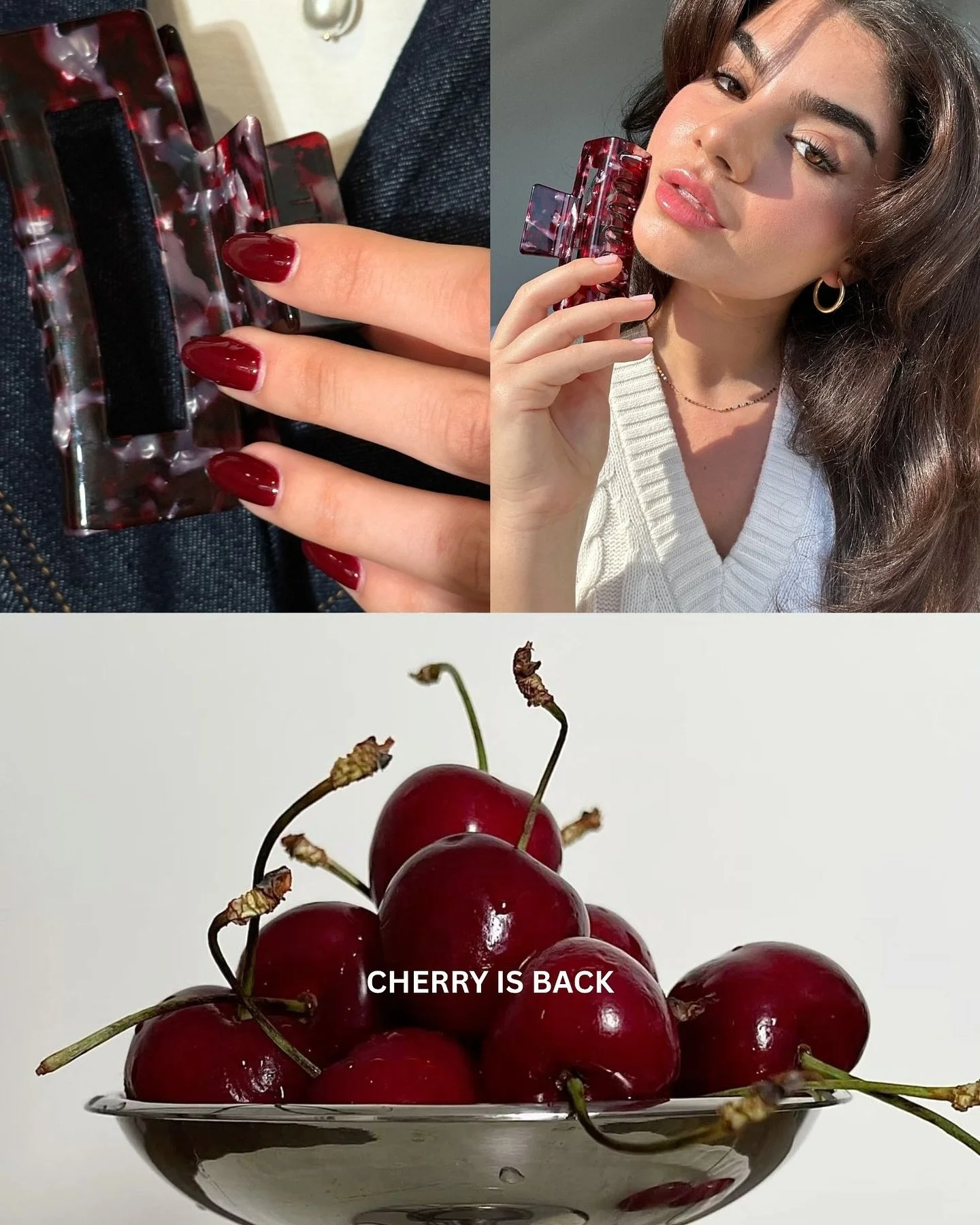 The restock you&rsquo;ve been waiting for 🍒 Our Cherry Clips are BACK and now in both Large &amp; Medium sizes. Grab yours before they&rsquo;re gone (again 👀)
.
.
.
.
.
#clawclip #clawcliphairstyle #cherry #hairinspo #hairaesthetic #hairstyles #fal