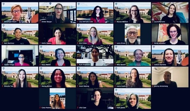 Screenshot of a virtual meeting with 20 participants, each in their own video window, indoors and outdoors backgrounds.