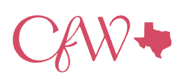 Logo with the letters 'CAW' in pink, followed by an outline of the state of Texas in pink.