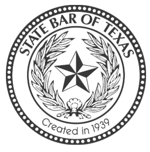 Seal of the State Bar of Texas with a star, laurel branches, and a cotton flower, created in 1939.