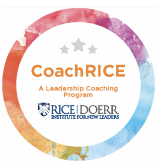 Colorful circular logo for CoachRICE leadership coaching program with rice door institute branding.