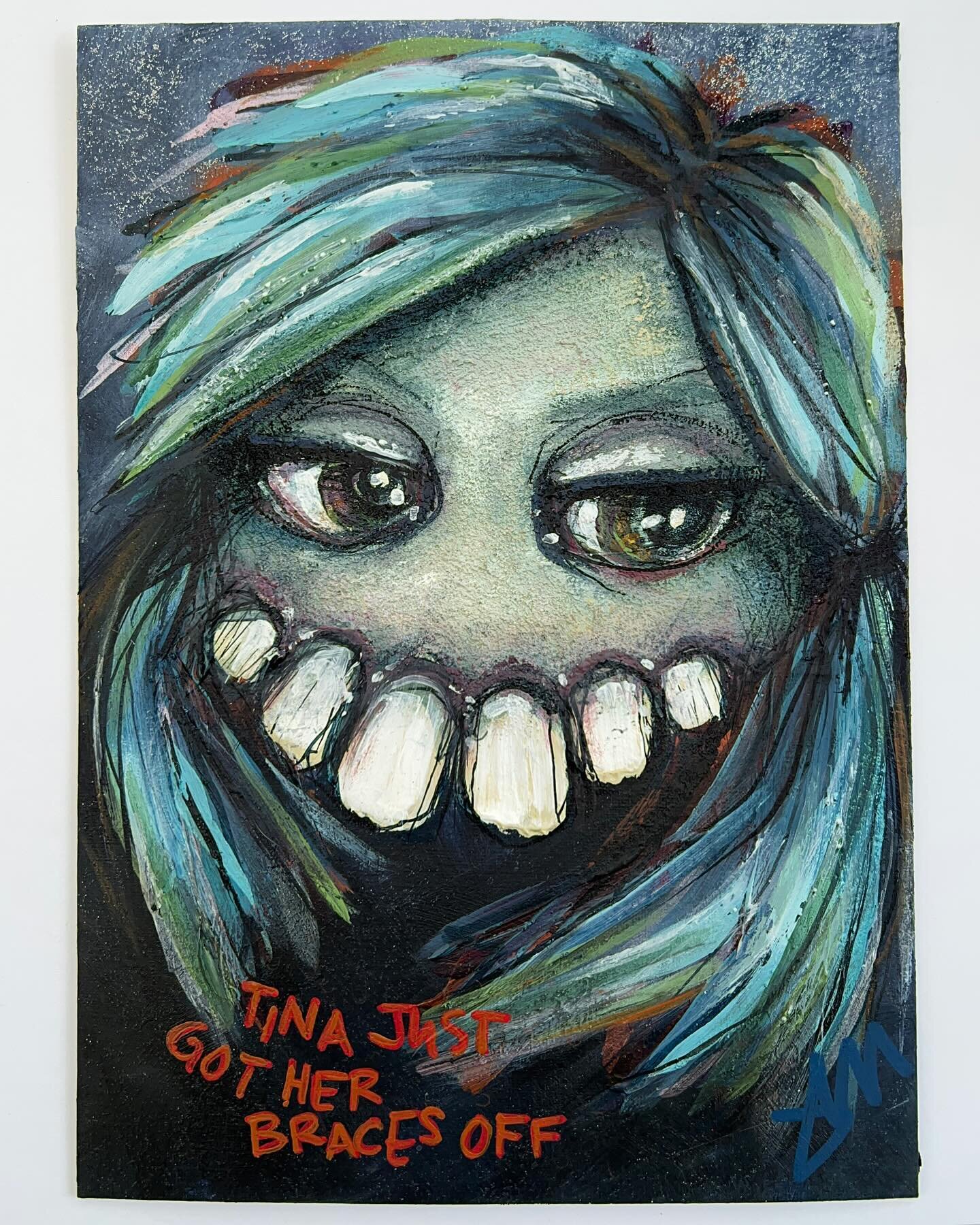 ✨Looking good, Tina!✨ &ldquo;Tina Just Got Her Braces Off&rdquo; acrylic with texture mediums, plus a little acrylic ink for the fine lines, on acrylic artboard, A4.
I have been having so much fun experimenting with how to create my creepy - often to