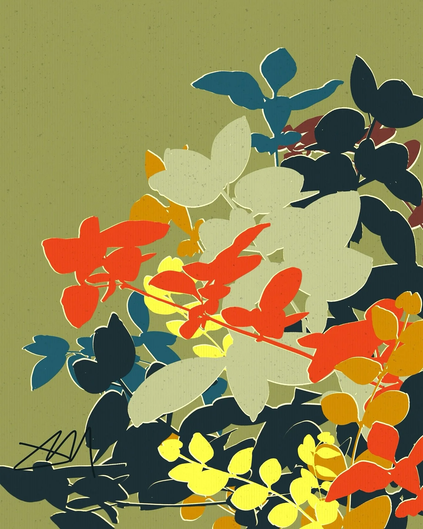 Graphic leaves in silhouette, in somewhat vintage colours. I used the same process I use in watercolour to get my illustration shapes, using only one stock Procreate brush. I&rsquo;m going over this way of capturing nature in silhouette on Wednesday,