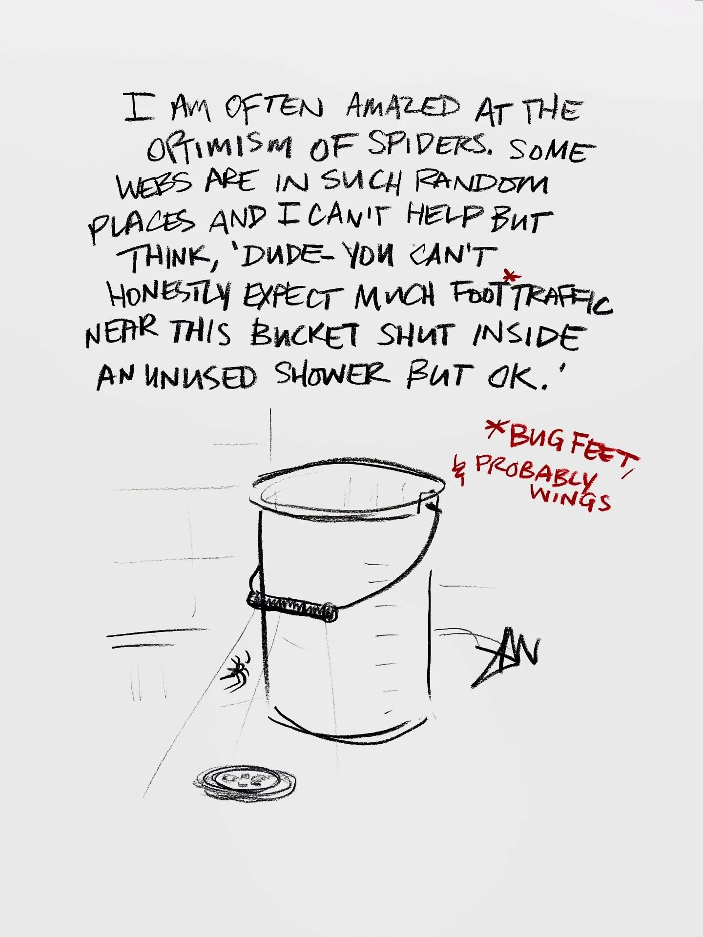 &ldquo;The Optimism of Spiders&rdquo; Chinagraph on A2 cartridge paper. 
.
#deepthoughts #glasshalffull #optimism #cartoon #illustration #worksonpaper #truestory #creepyart #spiders