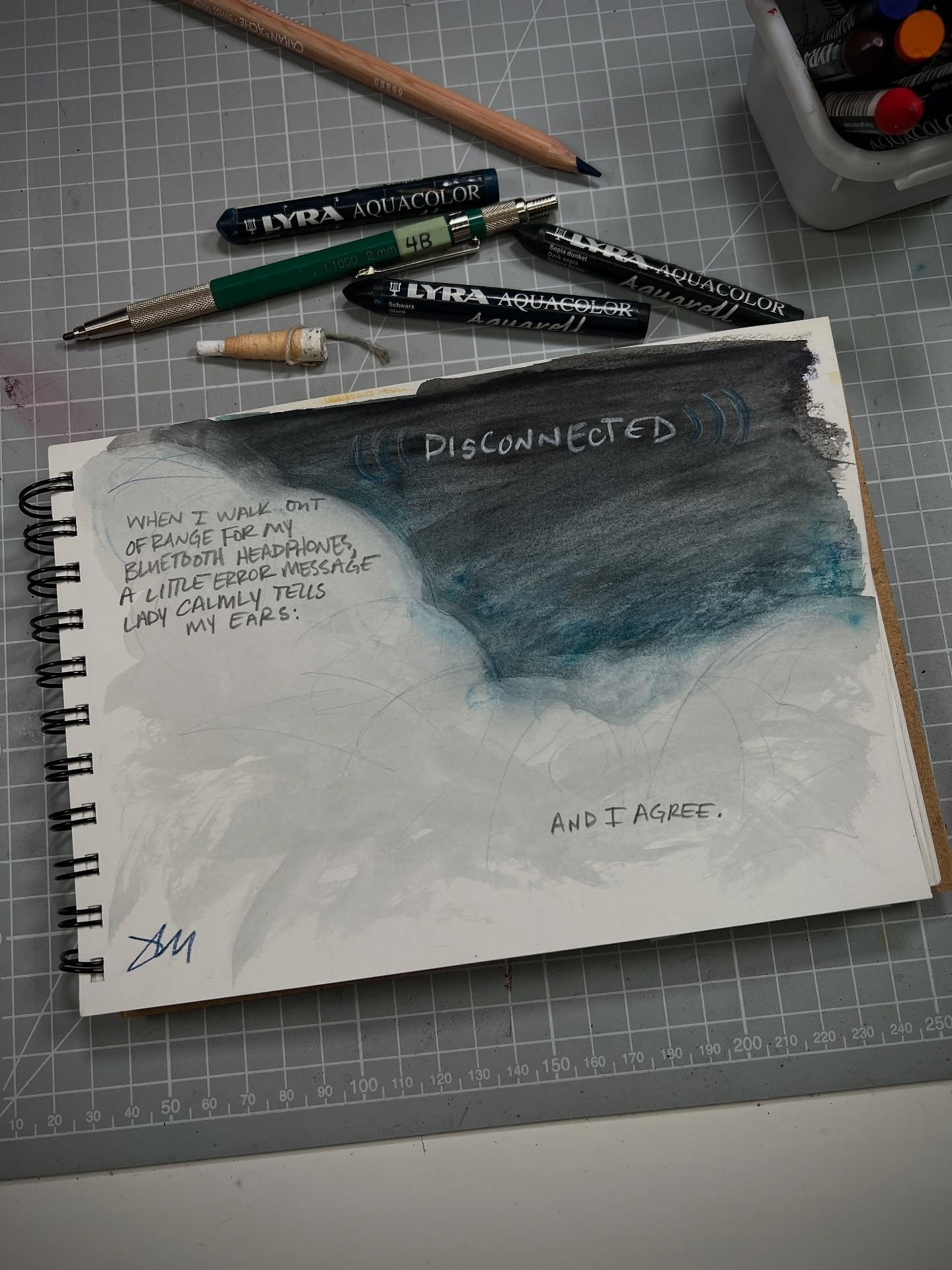 Late night sketchbook thoughts&hellip; I&rsquo;ve actually thought this pretty much every time it happens. 😅 
Description: Soft clouds and darkness with the words, &ldquo;When I walk out of range for my Bluetooth headphones, a little error message l