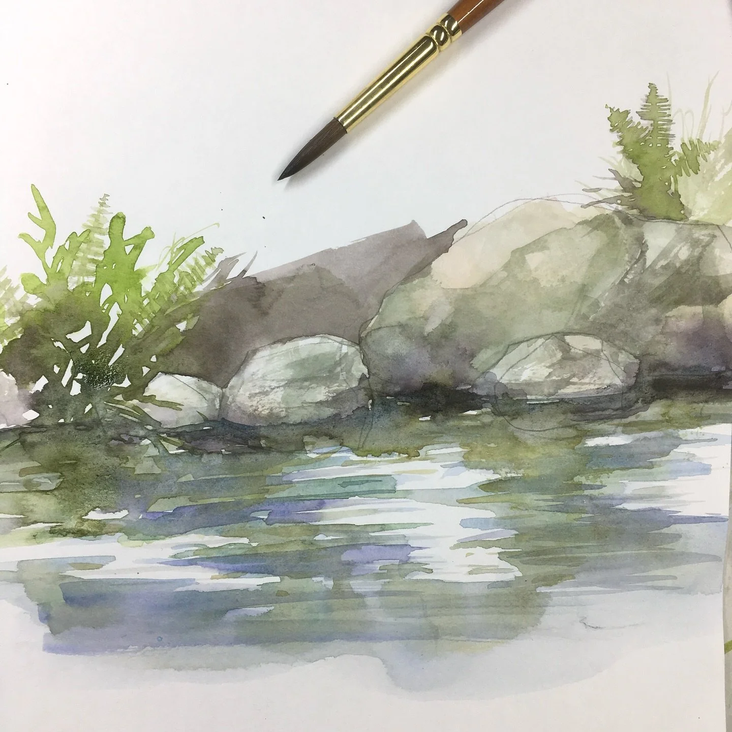 Watercolour water and shore study on cartridge paper. This was to loosely test some colour mixes before digging into the final work on watercolour paper. It is always surprising - no matter how many times I&rsquo;ve painted the sea and streams - how 