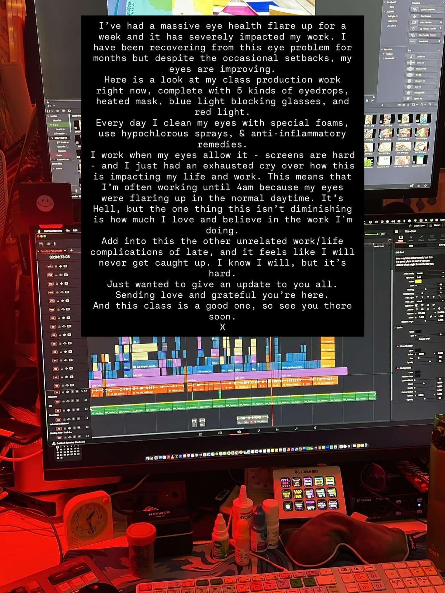 I&rsquo;ve had a massive eye health flare up for a week and it has severely impacted my work. I have been recovering from this eye problem for months but despite the occasional setbacks, my eyes are improving.
Here is a look at my class production wo