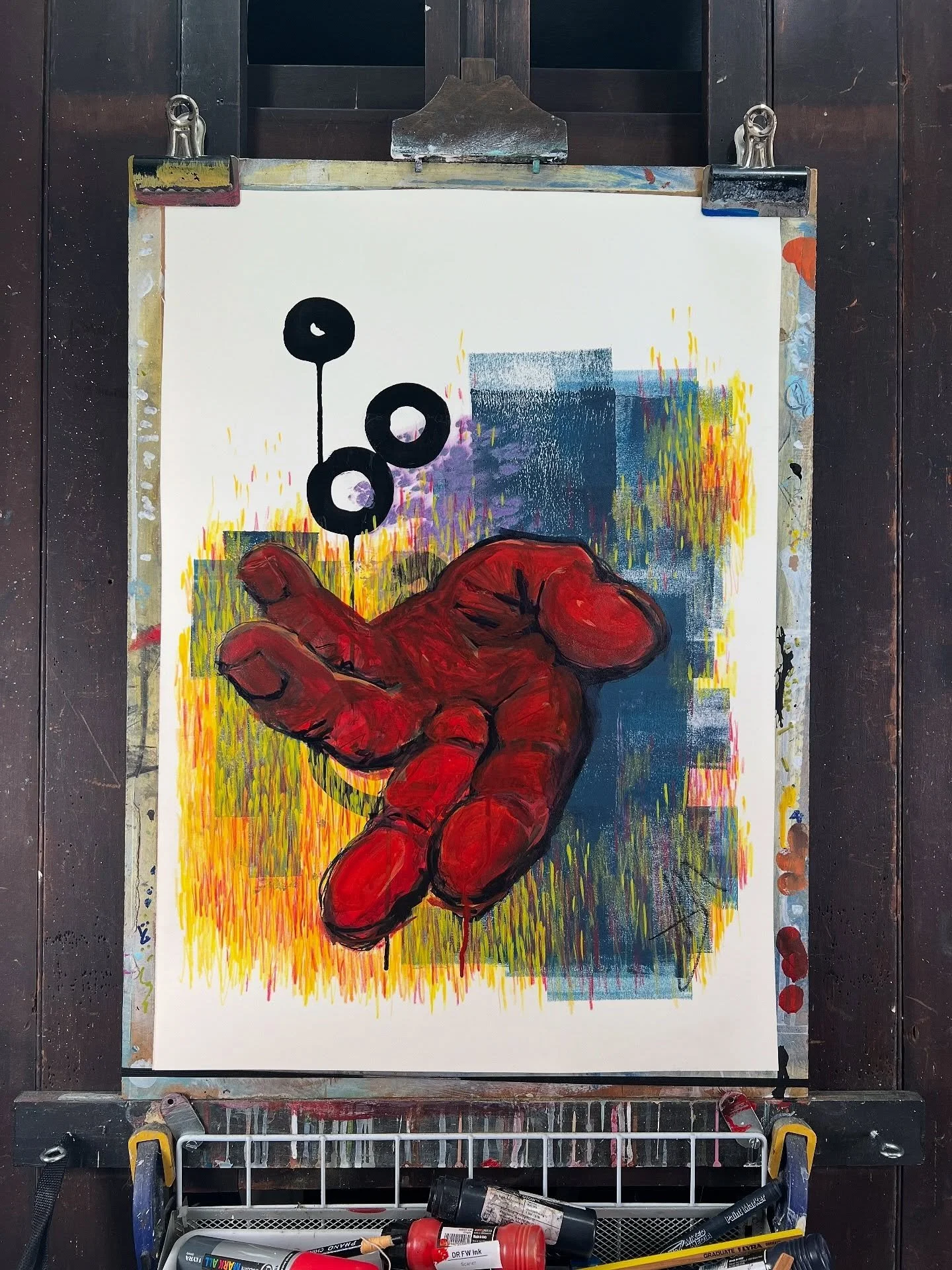 Easel view of the previous post. I like seeing messy studio stuff, maybe you do too? 
.
New mixed media work on A2 size heavy paper. Layers of @dalerrowney1783 FW ink, @lukasfarben acrylic and medium, @lyra_feelcreative coloured pencils. I haven&rsqu