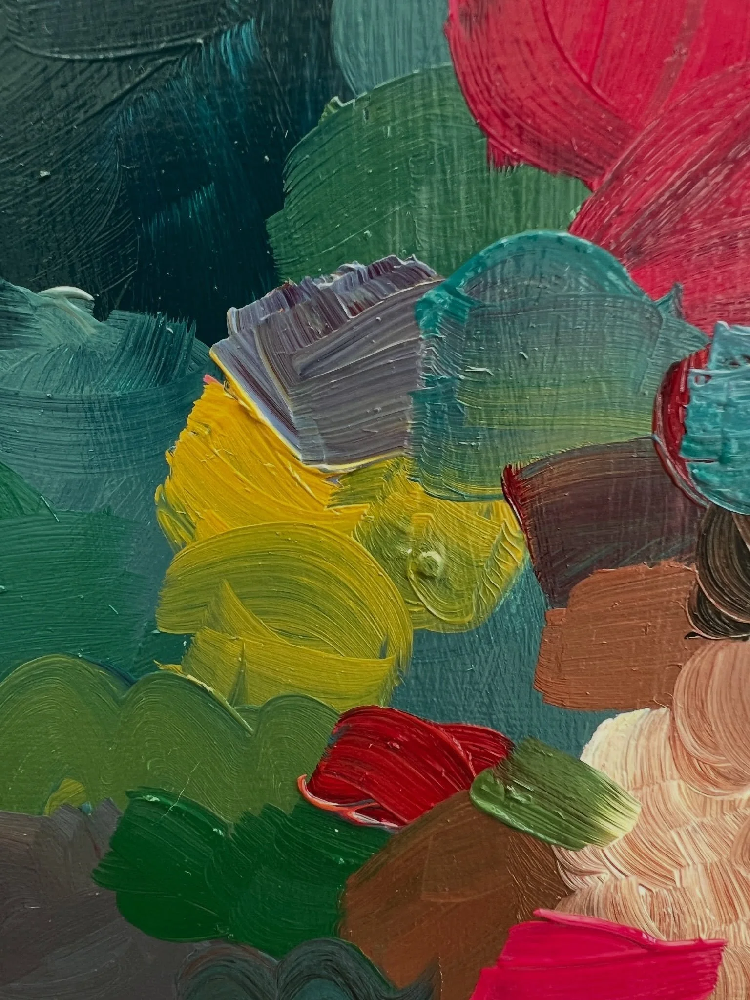 Some of the most satisfying colours I mix come from the most common colours you can buy. Limited palettes are anything but limiting, as you can see with these juicy, vibrant, examples using only 7 widely available hues. 
Titanium White, Raw Umber, Iv