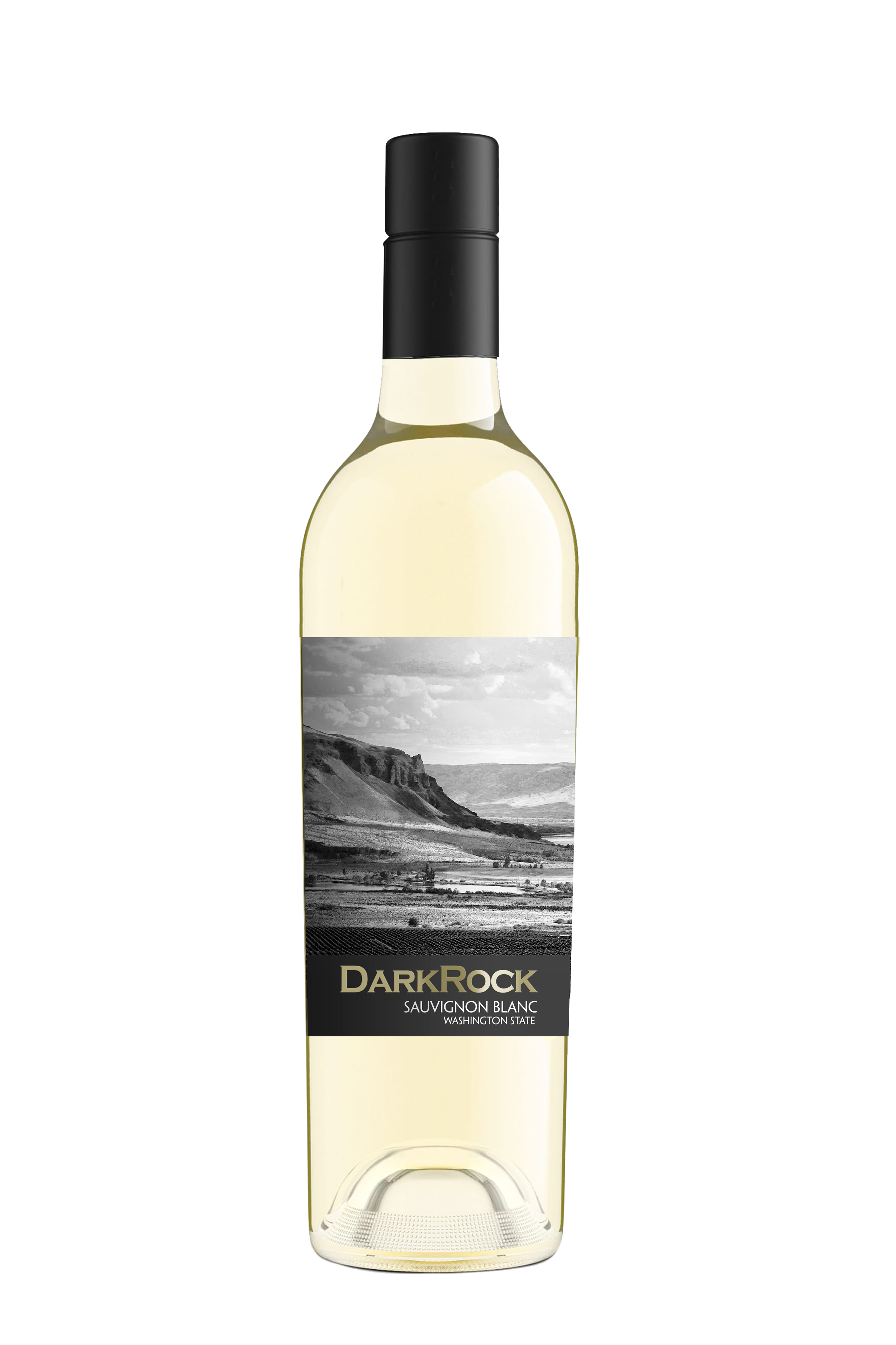 A bottle of Dark Rock Sauvignon Blanc wine with a scenic black and white landscape label featuring mountains and a cloudy sky, produced in Washington state.