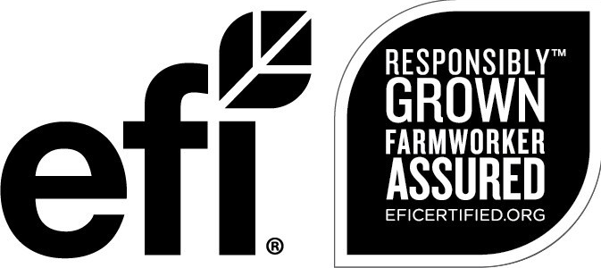 Logo for E.F.I. with a leaf design and a badge stating 'Responsibly Grown, Farmworker Assured, efcertified.org'.