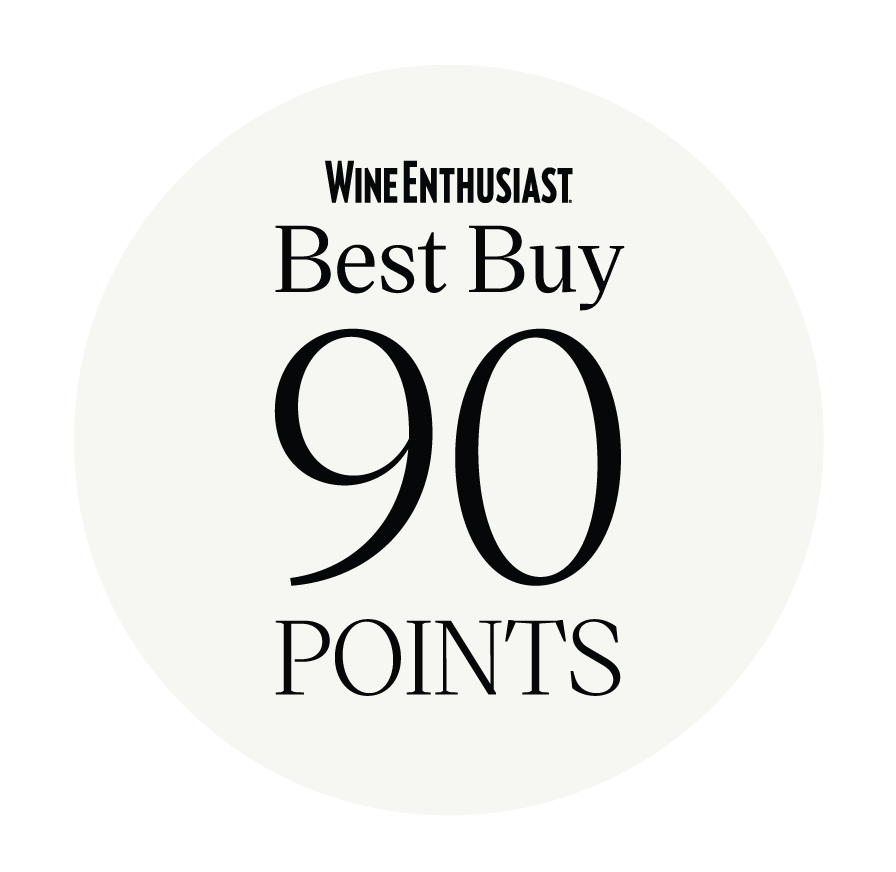 A circular graphic with a white background and black text that reads 'Wine Enthusiast Best Buy 90 Points'.
