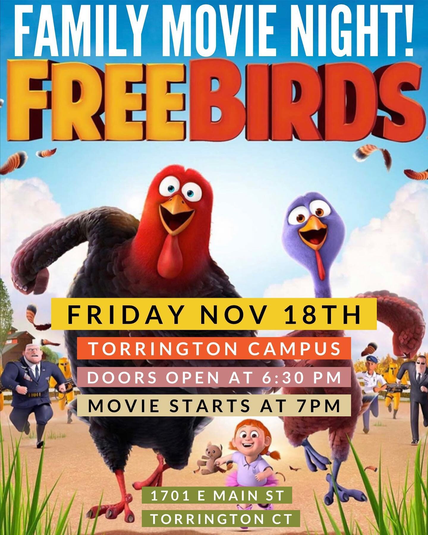 This Friday, the Torrington campus is hosting a fun filled movie night. Free Birds movie starts at 7pm, but doors open at 6:30pm. So bring your blankets and pillows. Popcorn will be provided! 🍿🎥🦃

#fridaymovienight #thrivechurchtorrington #thrivec