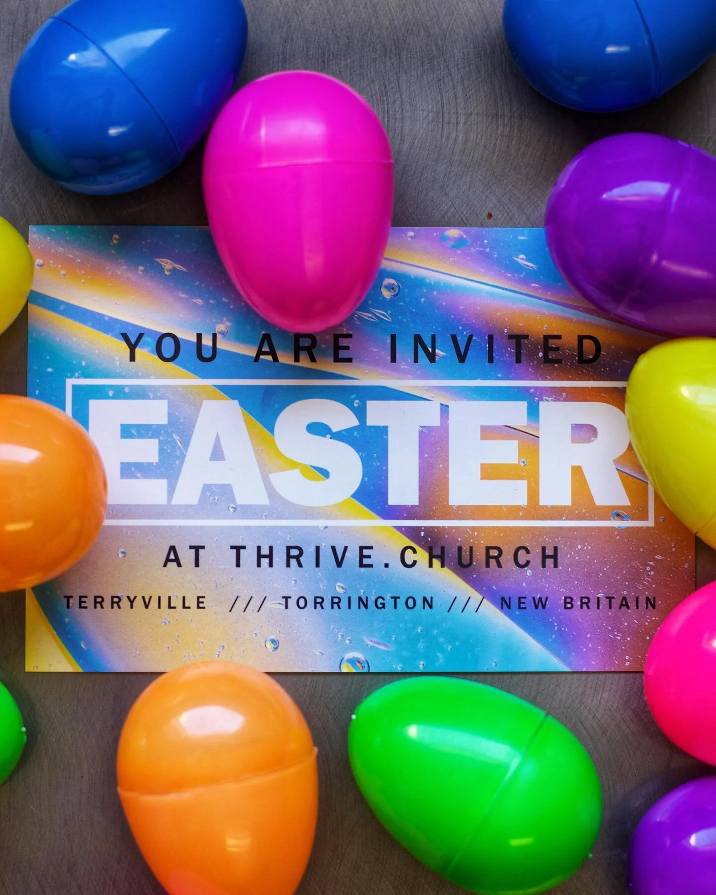 YOU are invited to join us this week as we celebrate Easter at Thrive! We can&rsquo;t wait to see you and worship our risen Savior together! 

TERRYVILLE - 
7PM Wednesday 
8:30AM, 10AM, 11:30AM Sunday

TORRINGTON - 
10AM Sunday 

NEW BRITAIN -
10AM S