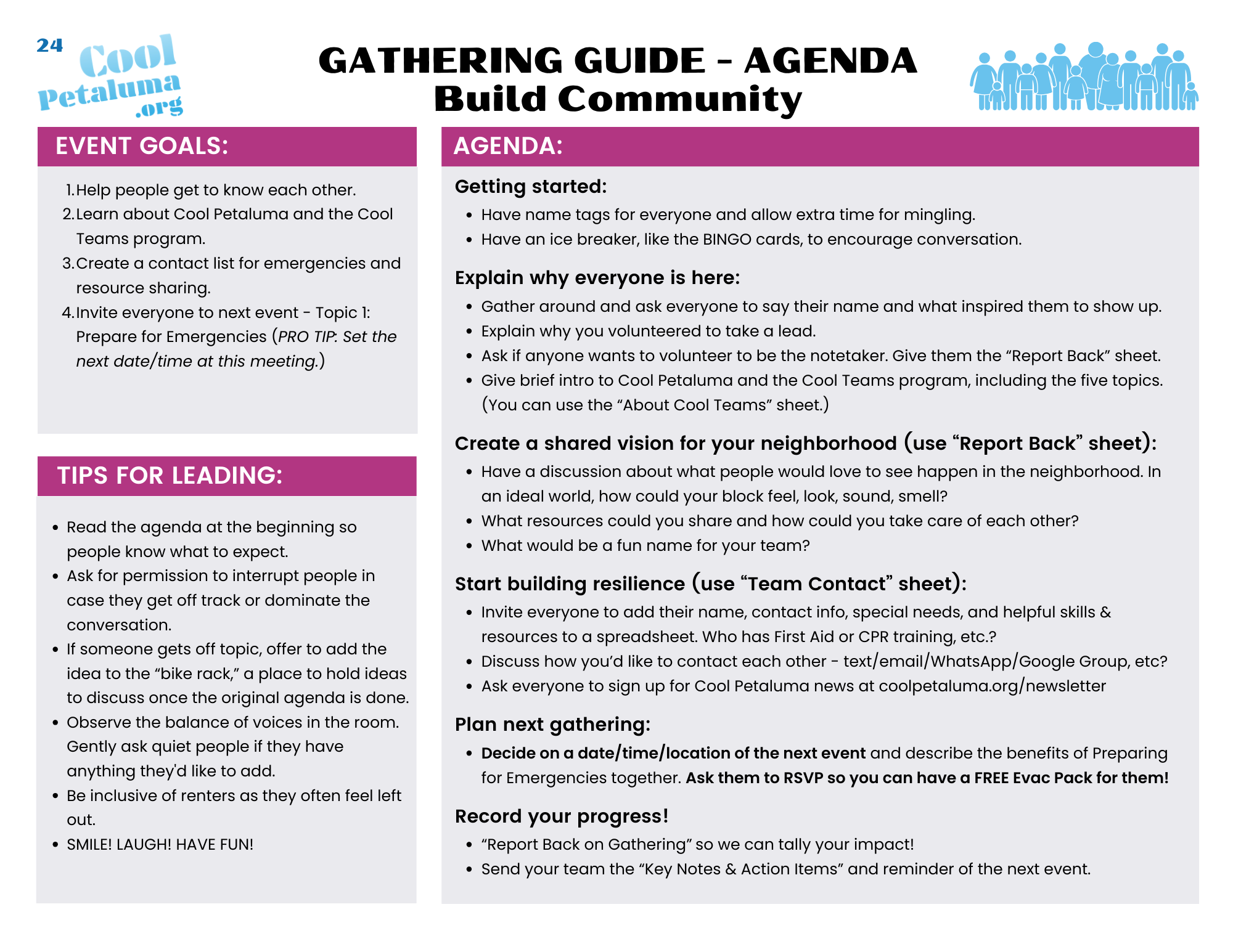 Community Guide Checklist First Event: Build Community Gathering Guides — Cool Petaluma