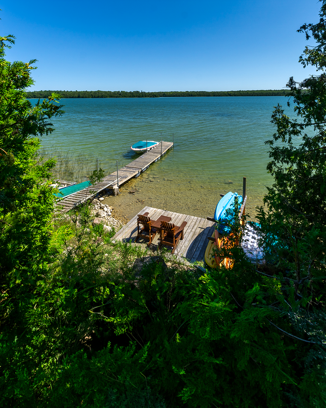 A lakeside scene with a small dock, a boat, paddleboards, and Adirondack chairs on a wooden deck, surrounded by greenery with calm water and a distant tree line under a blue sky.