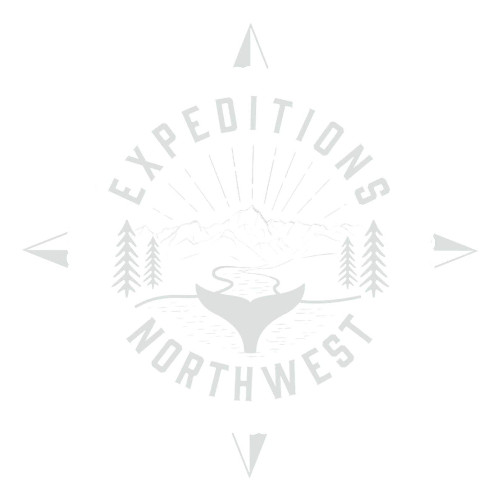 A white circular logo of mountains, a whale tail, and a river