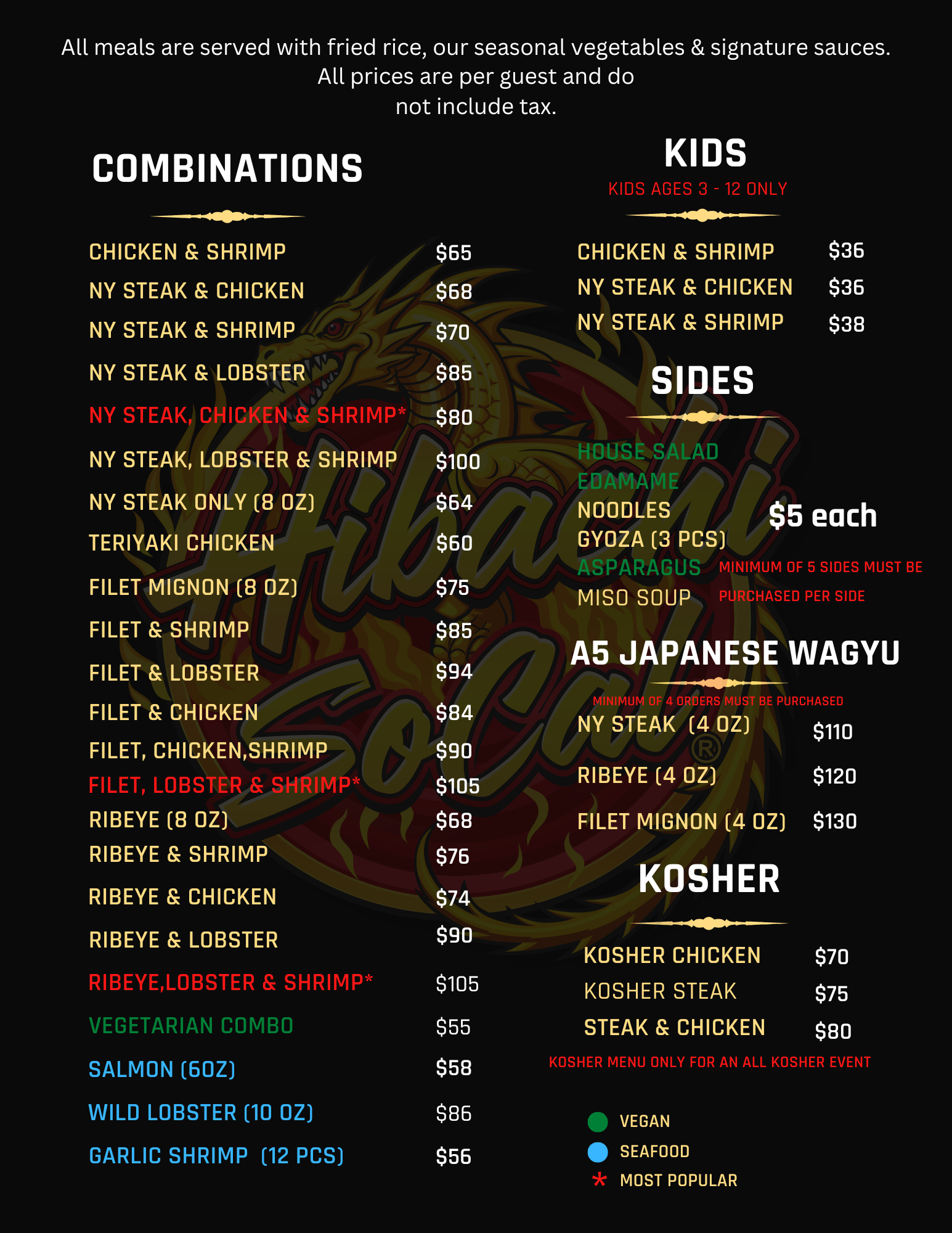 Black menu with gold and red dragon illustration in background, listing various food options and prices, divided into categories of combos, kids, sides, Japanese Wagyu, seafood, and kosher, with notes on dietary preferences and minimum order requirem