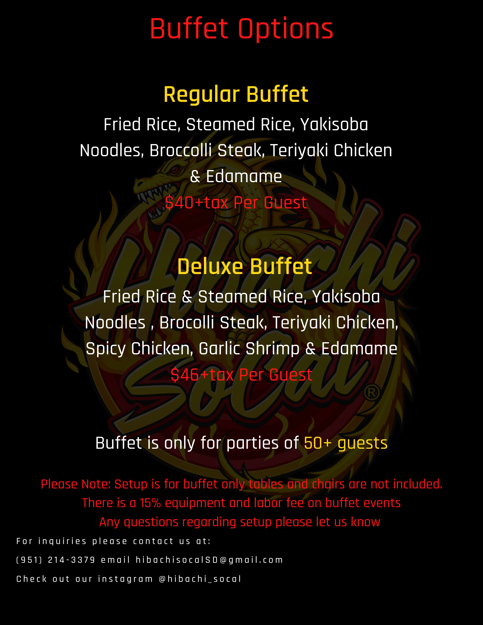 A menu displaying buffet options for a restaurant, with prices and details about setup and contact information.