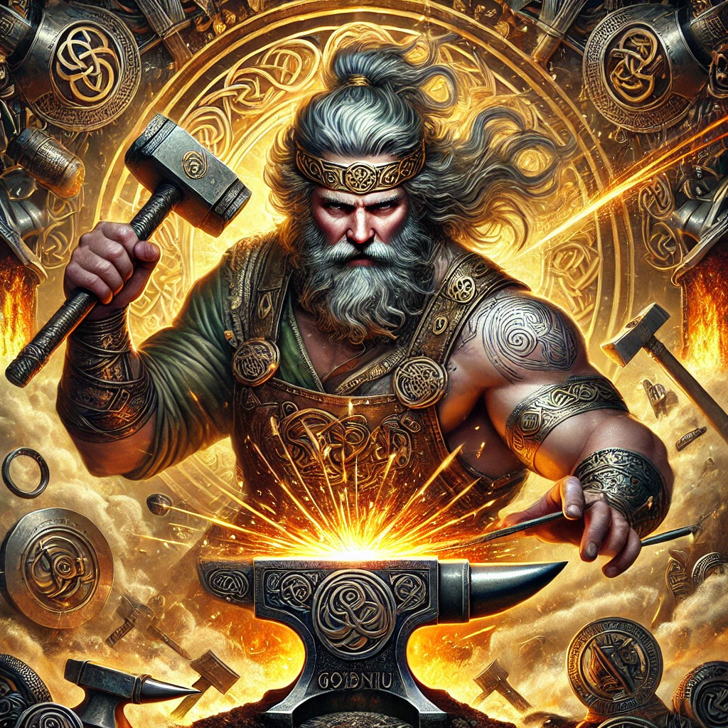 DALL·E 2024-12-05 19.43.38 - A detailed and dynamic depiction of Goibniu, the divine blacksmith from Irish mythology. He is portrayed as a robust and strong figure with a determin.png
