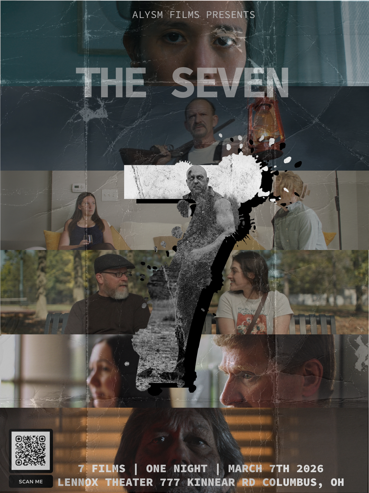 Promotional poster for a film event showcasing multiple movie scenes with overlaid black and white ink splatter effects, featuring the title 'The Seven' and details about the event on March 7th, 2026, at Lennox Theater in Columbus, Ohio.