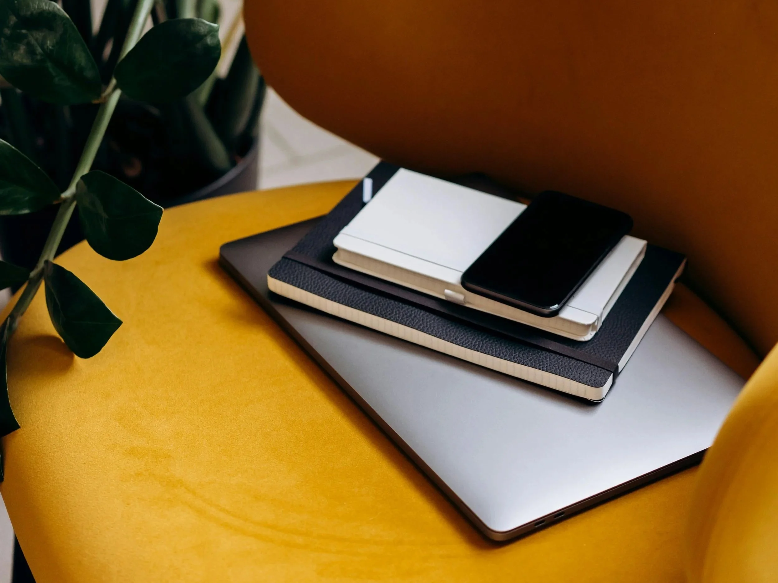 Notebooks and a phone on a chair beside a plant.