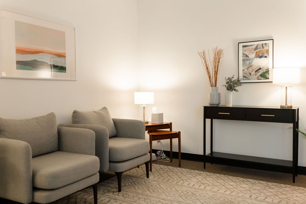 Sage House Therapy room with seating and warm lighting in Northern Virginia