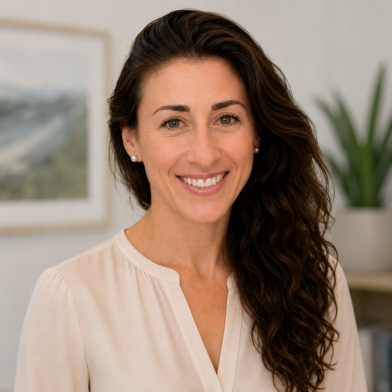 Professional woman with long brown hair, wearing a navy blazer, light blue collared shirt, pearl earrings, and a delicate necklace, smiling against a white background.