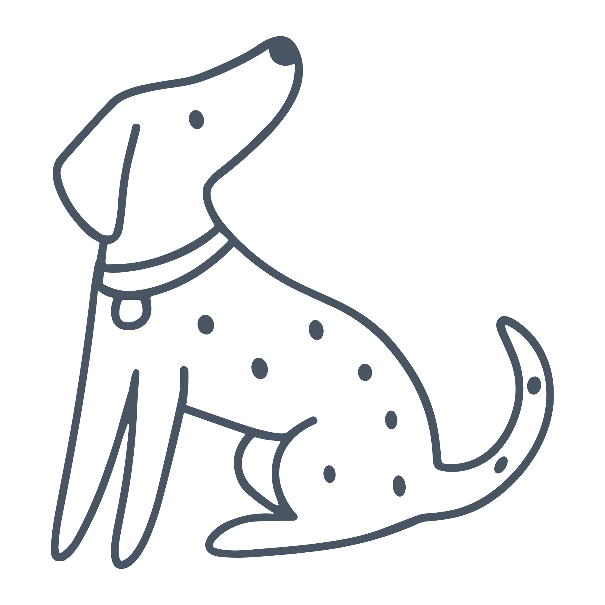 Line drawing of a sitting dog with spots, wearing a collar.