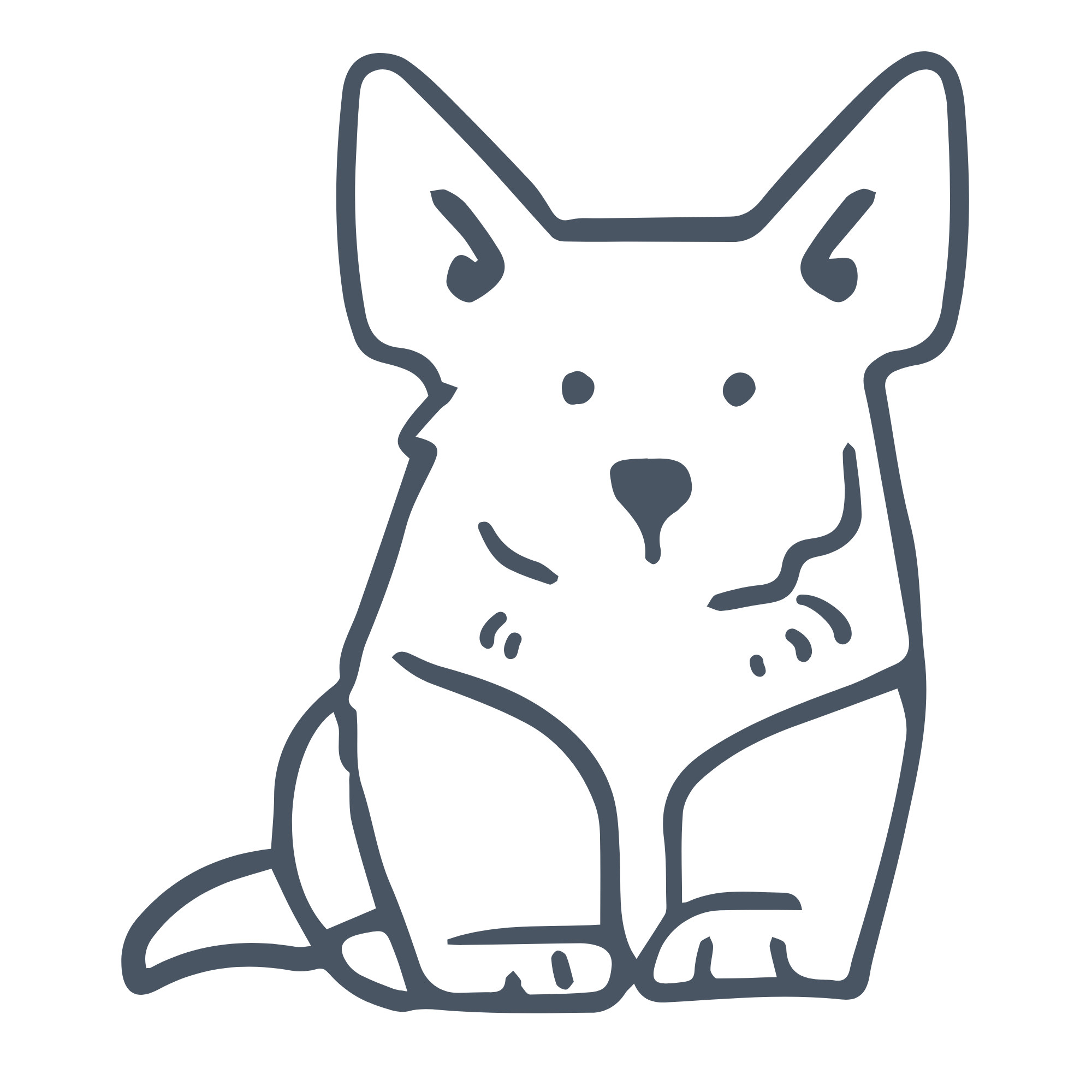 Outline drawing of a sitting dog with large ears and a gentle expression.