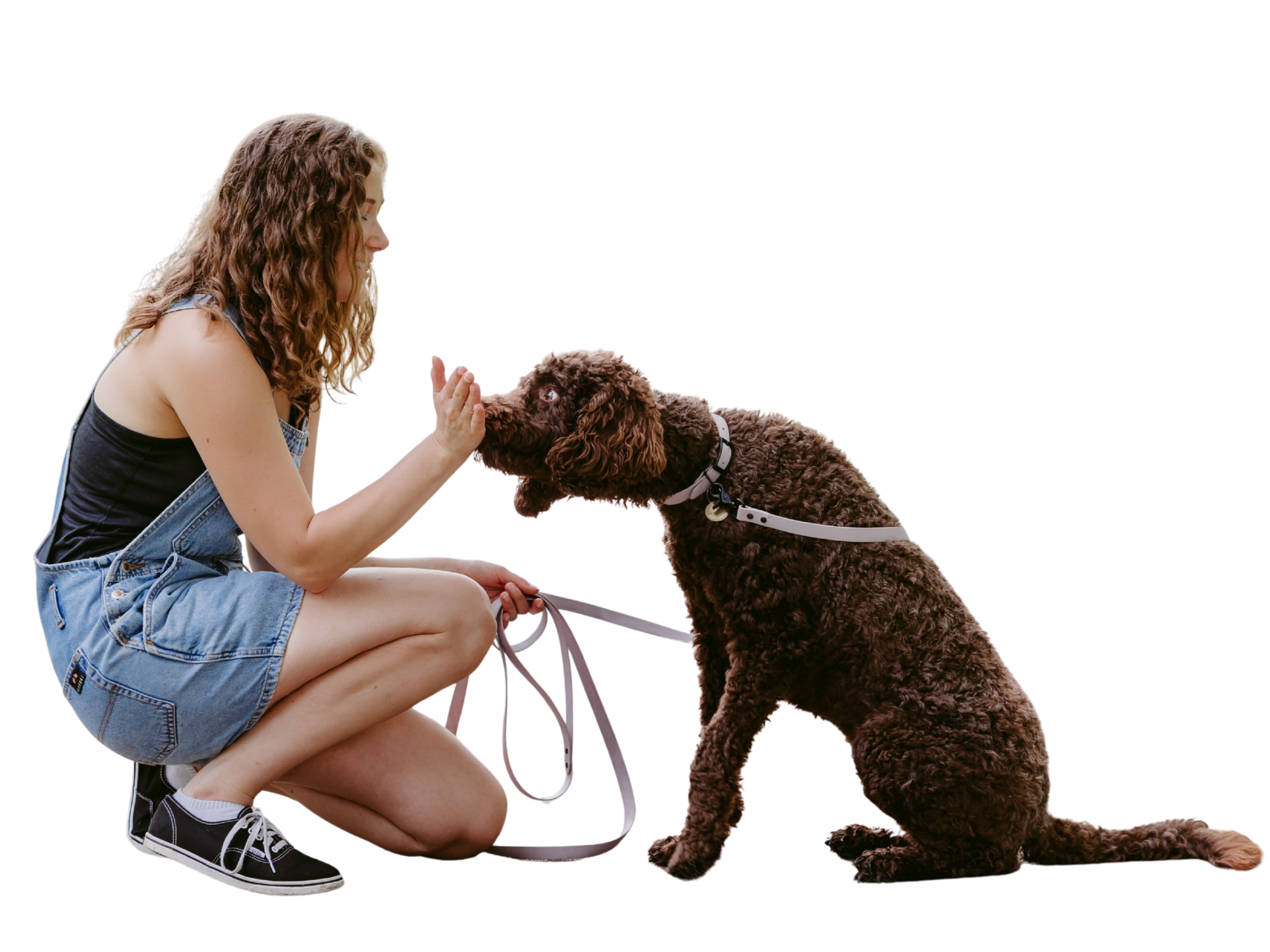 A young woman with curly brown hair, wearing denim overalls and black sneakers, squatting and holding a leash, while a brown curly-coated dog sitting on the ground in front of her gently places its paw on her hand.