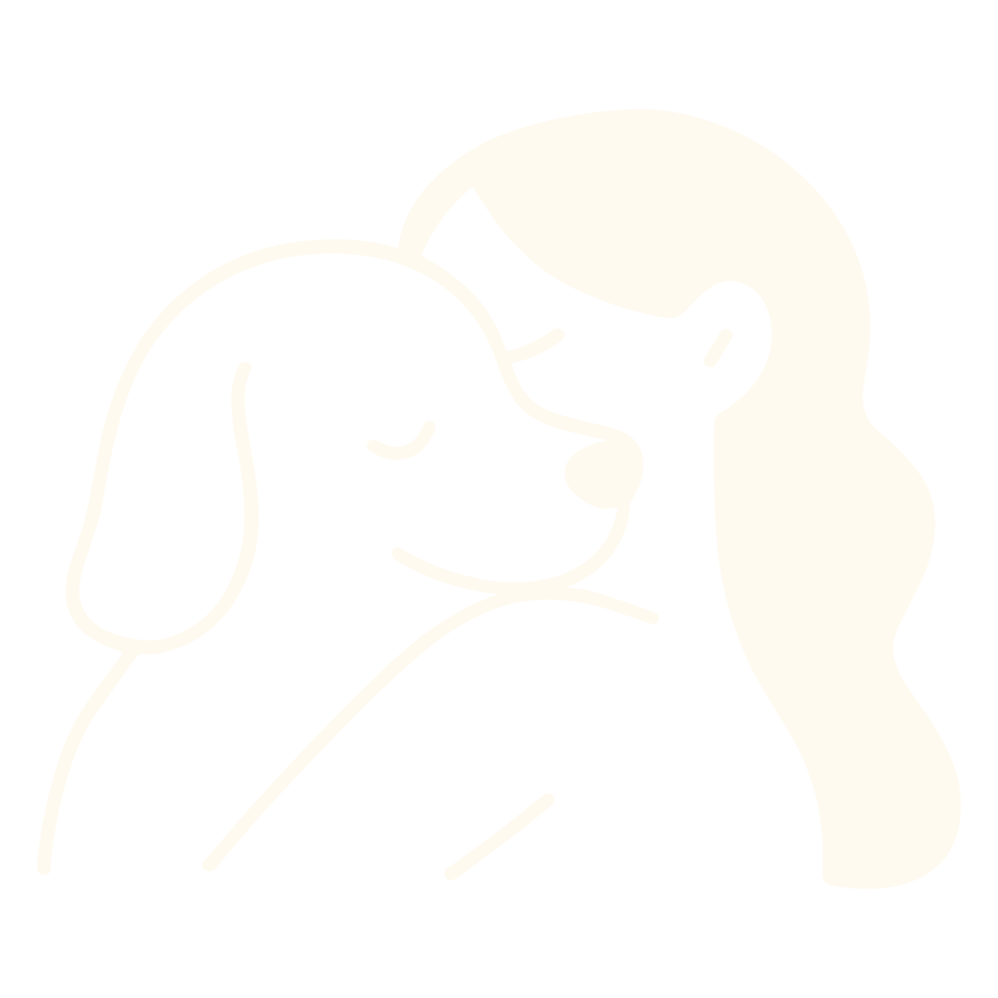 Line drawing of a woman and dog in an embrace, with their faces close together, showing affection and comfort.